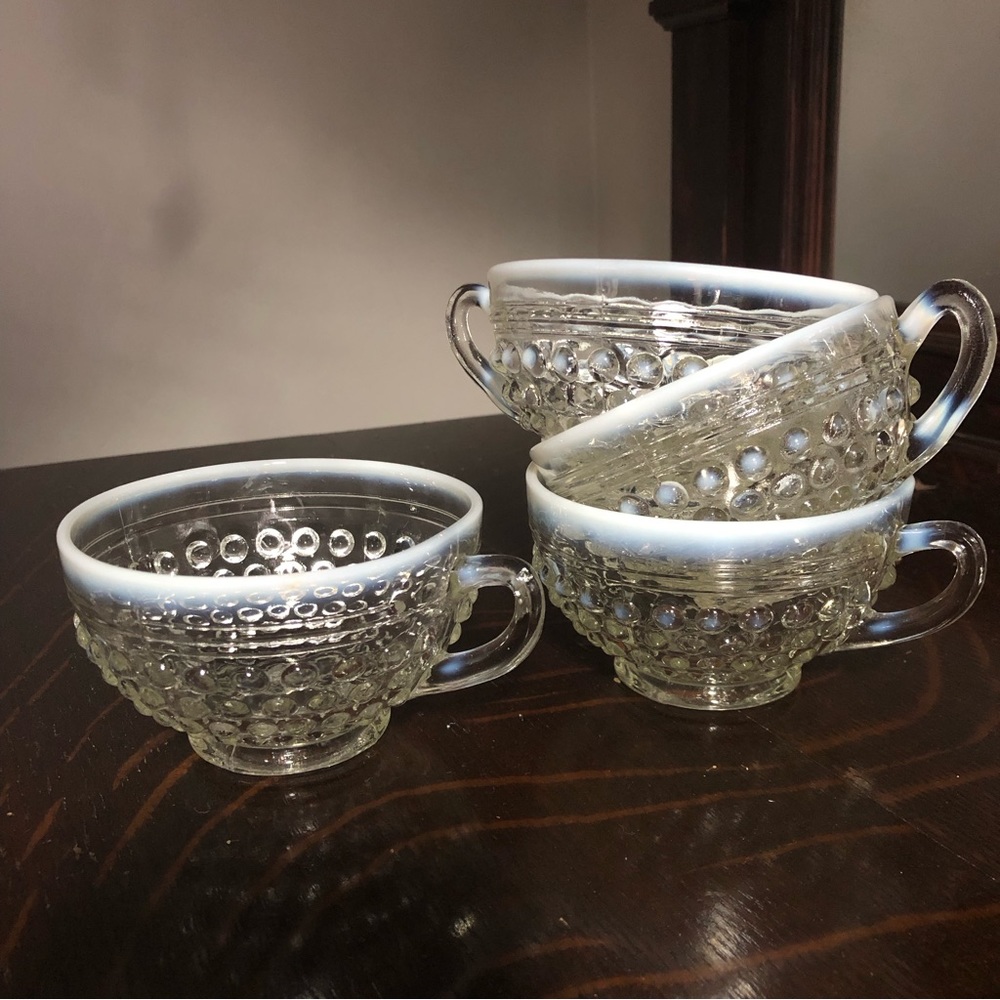 Four Moonstone Opalescent Clear Tea Cups by Anchor Hocking